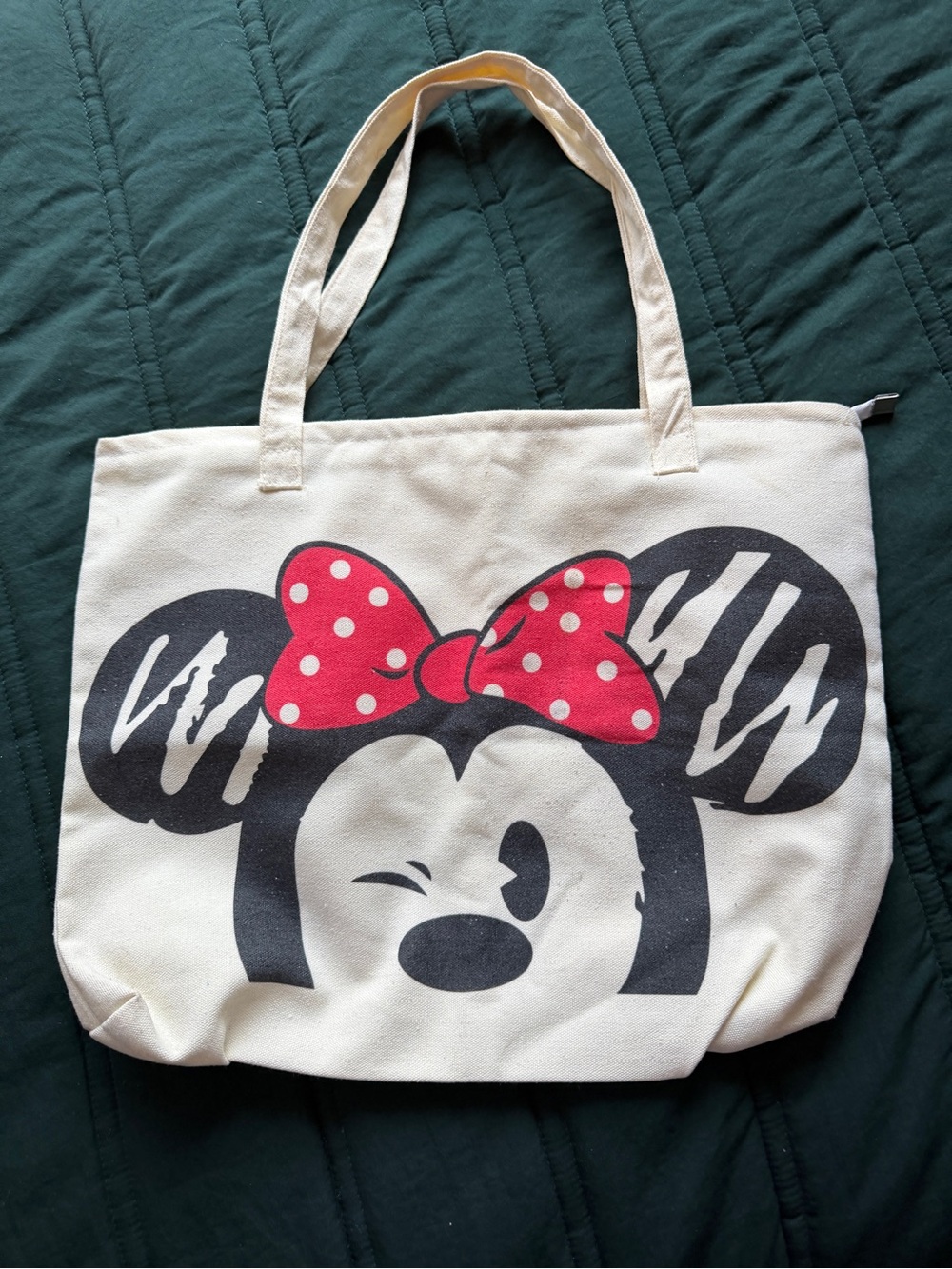 Disney Minnie Mouse Winking Canvas Tote Bag with Zipper and Inner Pocket